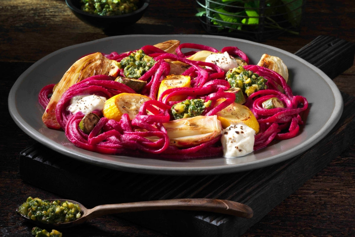 Beetroot Linguine with Garlic Cashew Ricotta and Salsa Verde